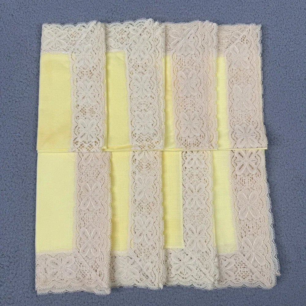 VTG Yellow Lace Trim Napkins Set 8 Floral Table Linens Cottagecore Shabby Chic